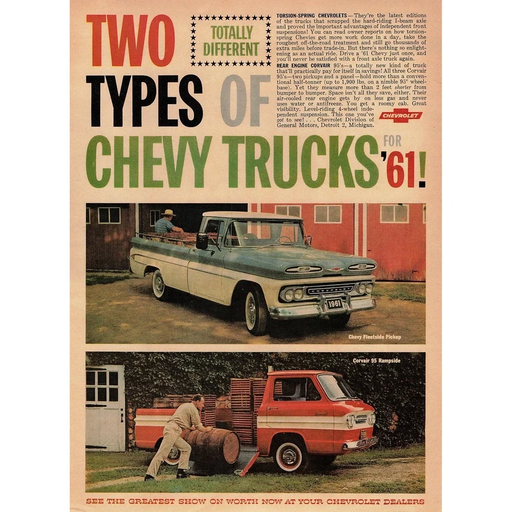 1961 Print Ad Chevy Truck Fleetside Pickup Corvair 95 Rampside Rear Engine Farm